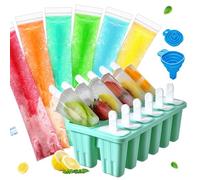 BPA-free Reusable Silicone Ice Cream popsicles molds kit with sticks, Funnel and 100 Packs disposable plastic sealable ice Pop molds maker bags，Easy to Use (Green, 12 cavity)
