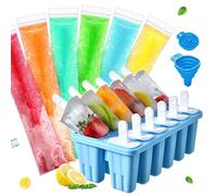BPA-free Reusable Silicone Ice Cream popsicles molds kit with sticks, Funnel and 100 Packs disposable plastic sealable ice Pop molds maker bags，Easy to Use (Blue, 12 cavity)