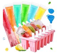 BPA-free Reusable Silicone Ice Cream popsicles molds kit with sticks, Funnel and 100 Packs disposable plastic sealable ice Pop molds maker bags，Easy to Use (Pink, 12 cavity)