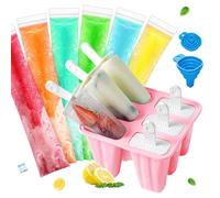 BPA-free Reusable Silicone Ice Cream popsicles molds kit with sticks, Funnel and 100 Packs disposable plastic sealable ice Pop molds maker bags，Easy to Use (Pink, 6 cavity)