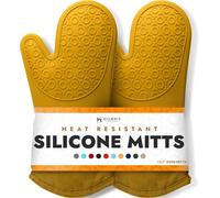 BPA-Free Soft Silicone Oven Mitts - Ultra Heat Resistant Oven Mitts with Thick Cotton Liner - Long Slip Resistant Pot Holders, Flexible Oven Gloves - Yellow 13.7"