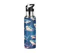 BPA-Free Sport Water Bottle Insulated 32 Oz, Insulated Stainless Steel Water Bottle with Straw for Gym Outdoor Travel School, Cute Sharks Blue