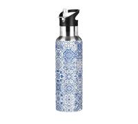 BPA-Free Sports Water Bottle 20 Oz, Stainless Steel Vacuum Insulated Water Bottle for Gym Outdoor Travel School, Blue White Ceramic Tile