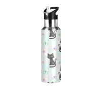 BPA-Free Sports Water Bottle with Straw 32 Oz, Stainless Steel Vacuum Insulated Water Bottle for Gym Outdoor Travel School, Black Cats Green Eyes