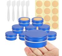 BPackGo 10 Pcs 50ml - D57mm x H28mm Aluminium Tin with Lids, Blue Aluminium Tin Jars with Lids, Lip Balm Tins, Sample Pots for Candles, Cream, Powder, Cosmetics with Labels and Spatulas