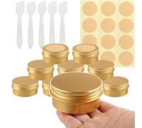 BPackGo 10 Pcs 50ml - D57mm x H28mm Aluminium Tin with Lids, Gold Aluminium Tin Jars with Lids, Lip Balm Tins, Sample Pots for Candles, Cream, Powder, Cosmetics with Labels and Spatulas