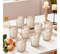 BPFY 12 Pack Silver Votive Candle Holders for Christmas, 2x2.5 Inch Mercury Glass Tealight Holders with Snowflake & Reindeer Cutouts | Holiday Decorations, Winter Wedding & Home Table Centerpiece