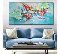 BPJSTU Koi Fish Painting wall art Gray Red Fish Green Lotus Leaf Wall Art Painting on Canvas Prints Home Decor For Living Room(70x100cm/Frameless)