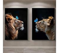 BPJSTU Modern Lion Blue Butterfly Posters and Prints Canvas Painting Animal Wall Art Pictures for Home Living Room Decoration(70x100cm/2PCS Frameless)