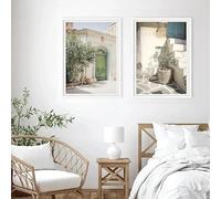 BPJSTU Scandinavian Simple Bohemian Spanish Architecture Green Leaves Print Wall Art Pictures for Living Room Bedroom Home Decor(30x40cm/2PCS Frameless)