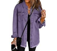 BPKKLLSU Denim Jackets Women Ladies Denim Jacket Long Long Sleeve Denim Jacket Washed Loose Single Breasted Denim Jacket-Purple;-L