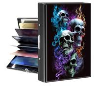 BPQOJB Business Card Holder Metal Rfid Card Holder Unique Pattern Style Design Credit Card Wallet With 6 Card Slots Black Credit Card Holder for Women Men, Fire Skulls, 3.74 x 2.56 x 0.5 inch, Fire