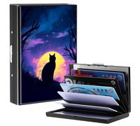 BPQOJB Business Card Holder Metal Rfid Card Holder Unique Pattern Style Design Credit Card Wallet With 6 Card Slots Black Credit Card Holder for Women Men, Cat under the Galaxy Moon, 3.74 x 2.56 x 0.5