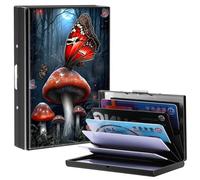 BPQOJB Business Card Holder Metal Rfid Card Holder Unique Pattern Style Design Credit Card Wallet With 6 Card Slots Black Credit Card Holder for Women Men, Red Mushrooms and Butterflies, 3.74 x 2.56 x