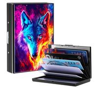 BPQOJB Business Card Holder Metal Rfid Card Holder Unique Pattern Style Design Credit Card Wallet With 6 Card Slots Black Credit Card Holder for Women Men, Colorful Fire Wolf, 3.74 x 2.56 x 0.5 inch