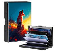 BPQOJB Business Card Holder Metal Rfid Card Holder Unique Pattern Style Design Credit Card Wallet With 6 Card Slots Black Credit Card Holder for Women Men, Cute fox in the sunset, 3.74 x 2.56 x 0.5
