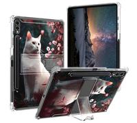 BPQOJB for Galaxy Tab S9 FE Plus Case 2023 with Kickstand and Pen Holder Transparent Protective Cover Clear Tablet Case for Samsung Galaxy Tab S9 FE Plus 12.4 inch - Cherry Blossom Tree White Cat