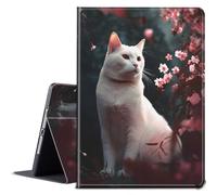 BPQOJB for iPad Air 11 inch Case 2024 M2 for iPad Air 6th Generation Case with Adjustable Stand & Auto Wake/Sleep Smart Protect Cover for iPad Air 11 inch 2024 - Cherry Blossom Tree White Cat
