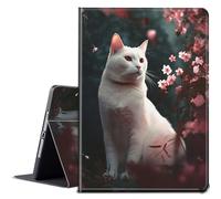 BPQOJB for Samsung Galaxy Tab S6 Lite Case 2022/2020 Release with Adjustable Stand & Auto Wake/Sleep Feature Smart Protect Cover Case for Samsung Tab S6 Lite 10.4 inch - Cherry Blossom Tree White Cat