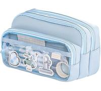 Bprtcra Large Capacity School Pencil Case with 3 Compartments Pencil Bag Office Makeup Bag Canvas Pencil Case with Zip for Girls and Girls, Blue, Youth Style