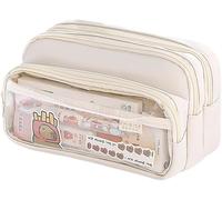 Bprtcra Large Capacity School Pencil Case with 3 Compartments Pencil Bag Office Makeup Bag Canvas Pencil Case with Zip for Girls and Girls, beige, Youth Style