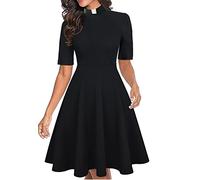 BPURB Church Women Priest Dress Short Sleeve A Line Dresses with Tab Insert Collar (Large, Black)