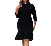 BPURB Clergy Clerical Church Dress for Women Parish Vicar Minister Preacher Religious Liturgical Uniform 3/4 Sleeve Pencil Fishtail Dresses with Priest Collar (XX-Large, Black)