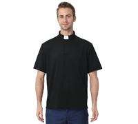 BPURB Clergy Clerical Polo Shirt for Men Priest Shirt Short Sleeve with Free Slip-in Tab Collar for Vicar Pastor Preacher Minister Black