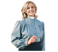 BPURB Clergy Clerical Shirt for Women Priest Shirts Long Sleeve Button Down Ministers Blouse Casual Tops with Tab Collar Light Blue