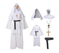 BPURB Nuns Costume for Women Adults Deluxe Line Nuns Costumes Halloween Cosplay Sister Act Clothing Accessories for Theme Party Carnival (Dress, Belt, Headpiece, Cross) (White, M)