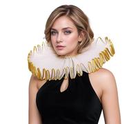 BPURB Renaissance Elisabethan Ruff Collar Neck Ruffle Collar Clown Collars, White-Gold-1, One Size