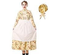BPURB Women's Pioneer Dress Floral Prairie Pilgrim Colonial Civil War Dress Maid Dress Laura Ingalls Costume (L, Yellow)