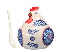 Bpyhebe Hand-Painted Ceramic Rooster Salt Cellar, 400ml Novelty Floral Cookie Jar Condiment Pot with Lid and Spoon, Rustic Farmhouse Kitchen Table Decor Sugar Bowl Storage Container, 11x13.5cm