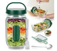 Bpyhebe Salad Mason Jar with Side Opening, 1L Salad Container with Dressing Compartment and Forks Storage, Sealing Portable Salads Pod for Lunch, Fruit, Grain Bowls, on the go