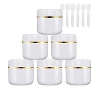 BPZXL Pack of 6 Empty 30ml White Plastic Cosmetic Jars Container with Screw on Lids with Gold Edge and Liners Travel Pots for Makeup Creams Beauty Nails with Spatula