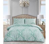 BQC 3 Piece Royal Damask Green Duvet Cover Single 135 x 200 cm - Luxury Ultra Soft Microfiber Quilt Cover Set For Bedroom - Hotel Quality Shrinkage and Fade Resistant Bedding with 2 Pillowcases