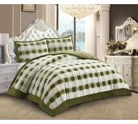 BQC Faux Fur Quilted Bedspread King Green - Luxury Ultra Soft Plush Bed Throw with 2 Pillow Shams (50 x 75 cm) - Warm Cozy Winter Decorative Checkered Pattern Bedding Cover for Bedroom