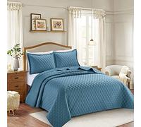 BQC Luxury Quilted Bedspread Bed Throw Comforter Embossed Pattern Machine Washable 2 Pcs Inspiration Bedding with 1 Pillow Case (Single, Blue)
