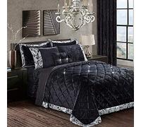 BQC Luxury Quilted Crushed Velvet Bedspread Comforter Set Throw Diamond Hypoallergenic Machine Washable 3 Pcs Bedding with 2 Pillow Cases (King, Santiago Black)