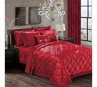 BQC Luxury Quilted Crushed Velvet Bedspread Comforter Set Throw Diamond Hypoallergenic Machine Washable 3 Pcs Bedding with 2 Pillow Cases (Super King, Santiago Burgundy)
