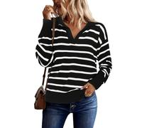 BQDCQB Women Striped Sweater Polo V Neck Long Sleeve Loose Sweater Knit Pullover Jumper Tops, Black/ White, XL