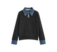 BQDCQB Womens Fall Oversized Long Sleeve Sweaters 2 in 1 Denim Panel Lapel Sweater Polo Knit Sweater Tops, Black, S