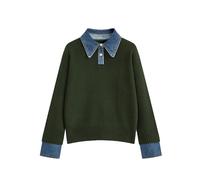 BQDCQB Womens Fall Oversized Long Sleeve Sweaters 2 in 1 Denim Panel Lapel Sweater Polo Knit Sweater Tops, Green, M