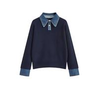 BQDCQB Womens Fall Oversized Long Sleeve Sweaters 2 in 1 Denim Panel Lapel Sweater Polo Knit Sweater Tops, Navyblue, Small