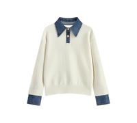 BQDCQB Womens Fall Oversized Long Sleeve Sweaters 2 in 1 Denim Panel Lapel Sweater Polo Knit Sweater Tops, White, L
