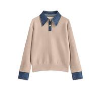 BQDCQB Womens Fall Oversized Long Sleeve Sweaters 2 in 1 Denim Panel Lapel Sweater Polo Knit Sweater Tops, Apricot, L