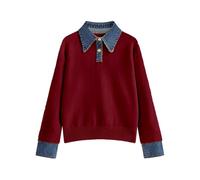 BQDCQB Womens Fall Oversized Long Sleeve Sweaters 2 in 1 Denim Panel Lapel Sweater Polo Knit Sweater Tops, Red, M