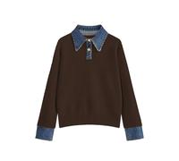 BQDCQB Womens Fall Oversized Long Sleeve Sweaters 2 in 1 Denim Panel Lapel Sweater Polo Knit Sweater Tops, Brown, S