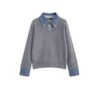 BQDCQB Womens Fall Oversized Long Sleeve Sweaters 2 in 1 Denim Panel Lapel Sweater Polo Knit Sweater Tops, Grey, M