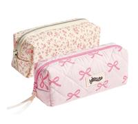 BQMEZRNUS 2PCS Pink Bow Pencil Case with Zipper | Cute floral & bow design, portable storage for stationery makeup toiletries, travel cosmetic organizer bag